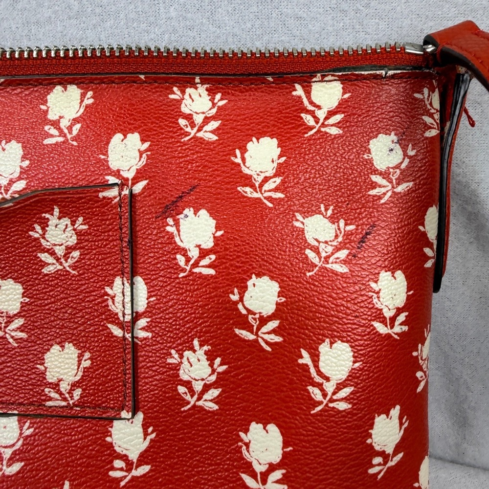 Coach East West Red Floral Rose Print Leather Crossbody Bag Silver Hardware - Picture 5 of 8